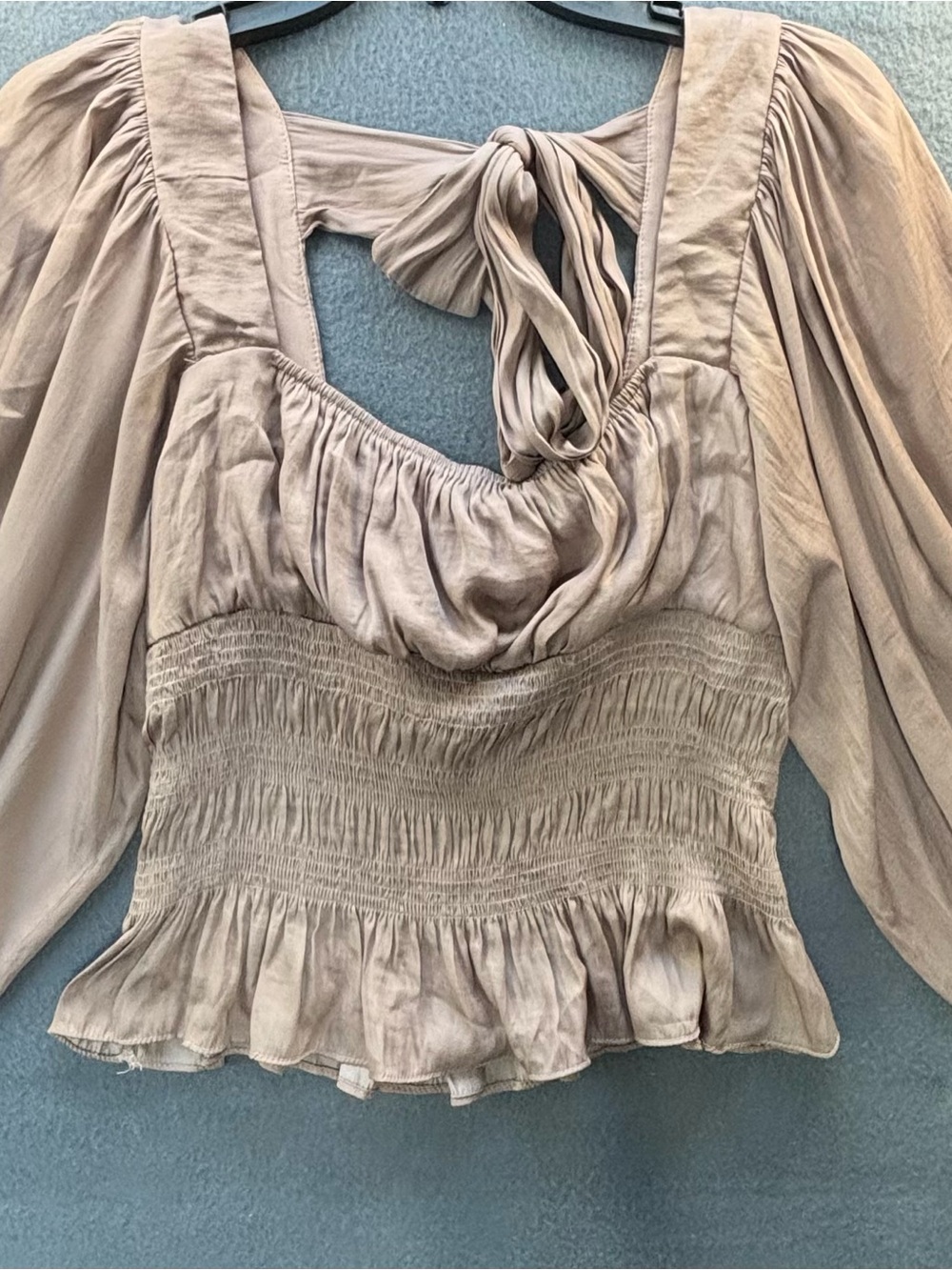 Mustard Seed Beige Smocked Peasant Blouse with Tie Back
